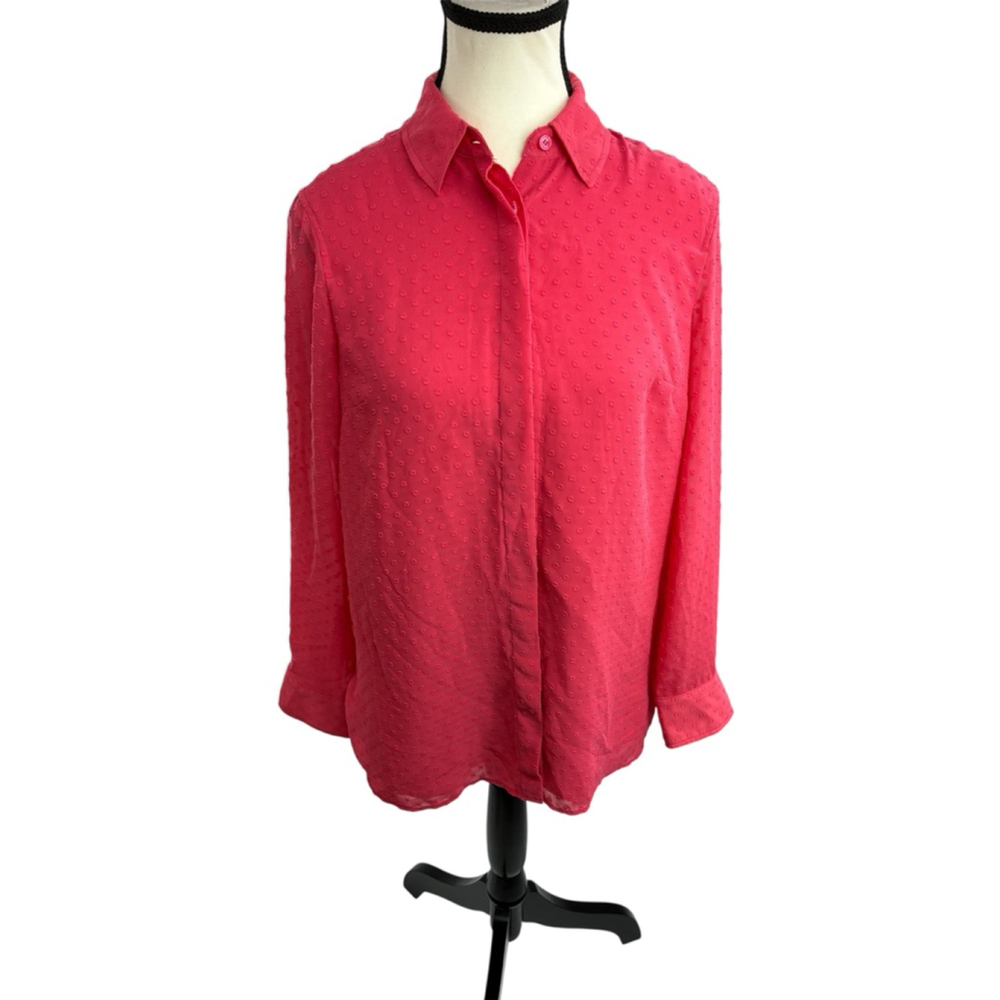 Talbots Womens S Petite Pink Swiss Dot Button Shirt Long Sleeve Blouse